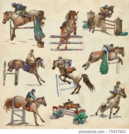 Horses - show jumping. Collection, pack of freehand sketches. Line art. Horses - show jumping. Collection, pack of freehand sketches. Line art. 75937602