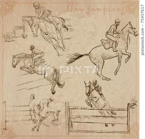 Horses - show jumping. Collection, pack of freehand vector sketches. Line art. Horses - show jumping. Collection, pack of freehand vector sketches. Line art. 75937617