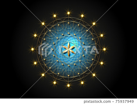 Flower of Life gold symbol Sacred Geometry. Geometric mystic mandala of alchemy esoteric Seed of life. Golden vector dotted line art divine meditative amulet isolated on blue and black background Flower of Life gold symbol Sacred Geometry. Geometric mystic mandala of alchemy esoteric Seed of life. Golden vector dotted line art divine meditative amulet isolated on blue and black background 75937949