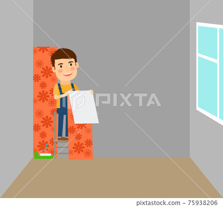 Man makes repairs in room Man makes repairs in room 75938206
