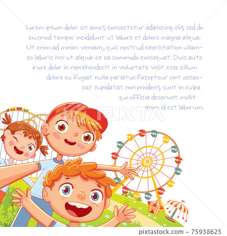 Children make selfie at an amusement park. Ferris wheel on the background Children make selfie at an amusement park. Ferris wheel on the background 75938625