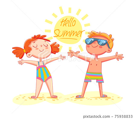 Hello Summer. Boy and girl sunbathe on the beach standing Hello Summer. Boy and girl sunbathe on the beach standing 75938833
