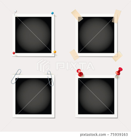 Photos are attached with a paper clip, sticky tape and push pin on a white background Photos are attached with a paper clip, sticky tape and push pin on a white background 75939163