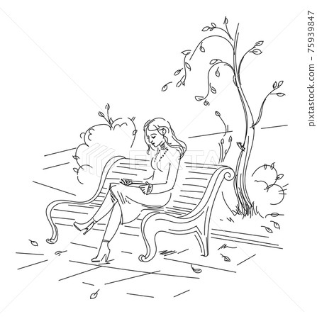 Sketch Girl Reading Book Hand Drawn Stock Vector (Royalty Free