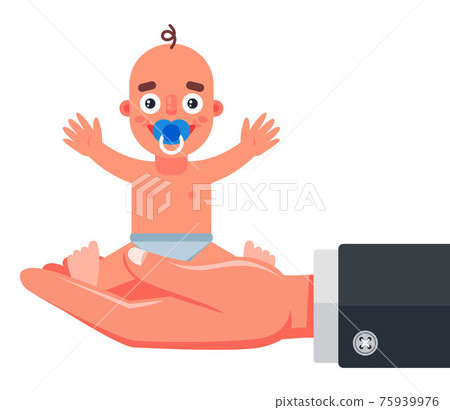 a newborn baby is held in the palm of a man. 75939976
