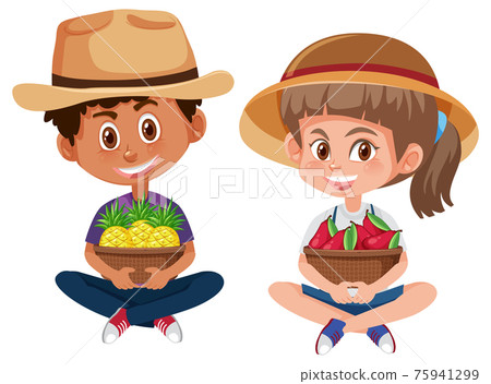 Children cartoon character holding fruit or vegetable isolated on white background Children cartoon character holding fruit or vegetable isolated on white background 75941299