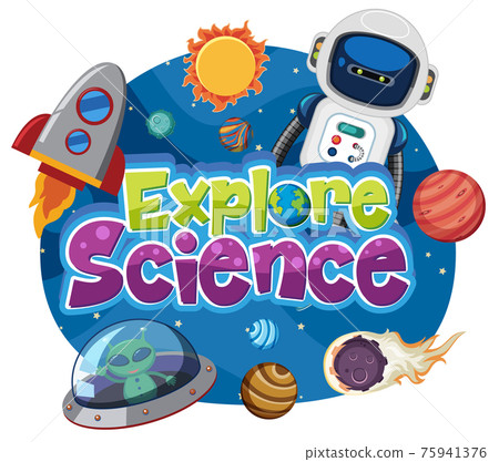 Explore science logo and set of space education objects isolated 75941376