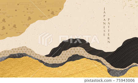Japanese background with gold and black texture decoration pattern vector. Oriental cloud elements banner design with abstract art elements in vintage style. Geometric line elements. Japanese background with gold and black texture decoration pattern vector. Oriental cloud elements banner design with abstract art elements in vintage style. Geometric line elements. 75943006