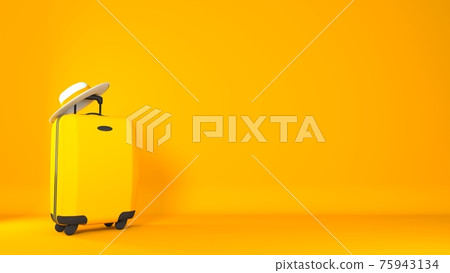 Large polycarbonate suitcase and hat on color background 75943134