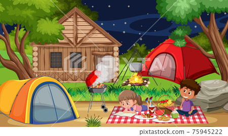 Picnic scene with happy family in the forest - Stock Illustration ...