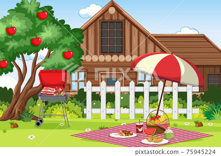 Picnic scene with food on the table and BBQ grill in the garden 75945224