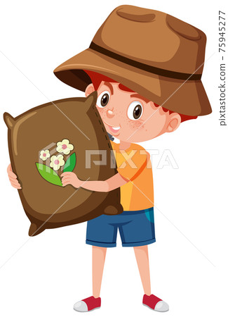 Boy holding gardening tool cartoon character isolated on white background