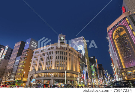 Ginza Wako Clock Tower night view Ginza 4-chome Mitsukoshi Ginza Wako Clock Tower night view Ginza 4-chome Mitsukoshi 75947224