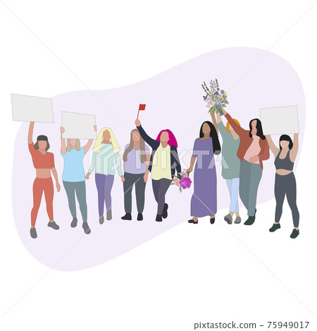 Women protest and demonstration, people with card and flowers 75949017