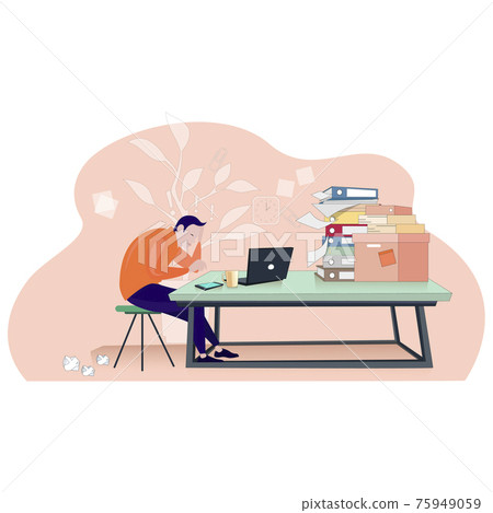 Overworked businessman, stressed deadline, adult man with headache 75949059