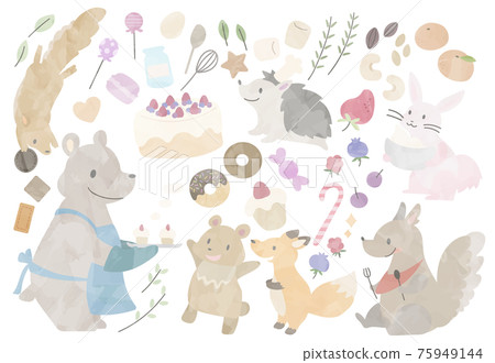 Illustration set of watercolor-style animals and sweets 75949144