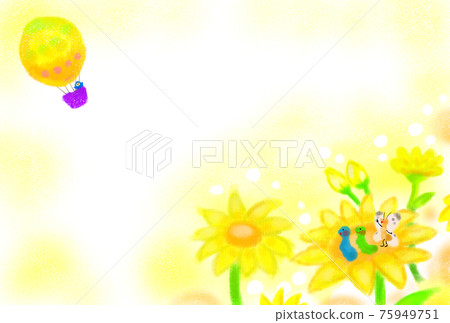 昆蟲從黃色花朵上方送走氣球的插圖。 75949751