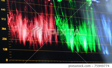 Color grading monitor. RGB colour correction indicator graph on screen in post production process. Telecine stage in video or film production processing. for colorist edit or adjust on digital movie. 75949774