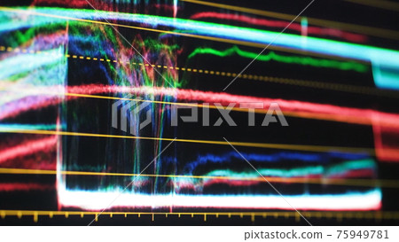 Color grading monitor. RGB colour correction indicator graph on screen in post production process. Telecine stage in video or film production processing. for colorist edit or adjust on digital movie. 75949781