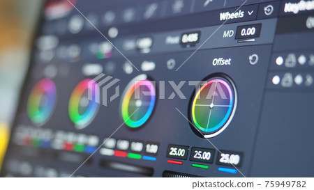 Color grading monitor. RGB colour correction indicator graph on screen in post production process. Telecine stage in video or film production processing. for colorist edit or adjust on digital movie. 75949782