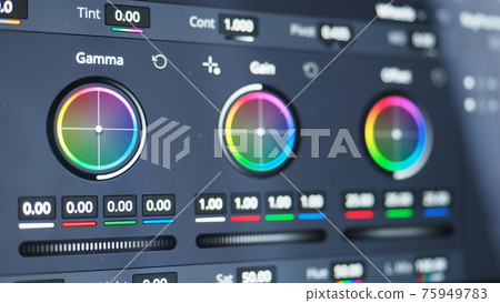 Color grading monitor. RGB colour correction indicator graph on screen in post production process. Telecine stage in video or film production processing. for colorist edit or adjust on digital movie. 75949783