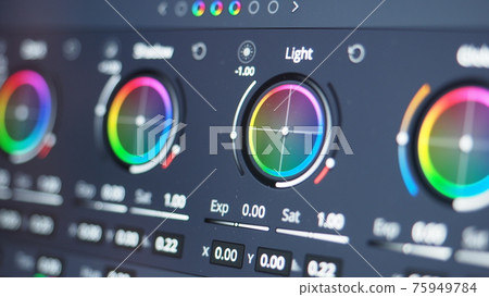 Color grading monitor. RGB colour correction indicator graph on screen in post production process. Telecine stage in video or film production processing. for colorist edit or adjust on digital movie. Color grading monitor. RGB colour correction indicator graph on screen in post production process. Telecine stage in video or film production processing. for colorist edit or adjust on digital movie. 75949784