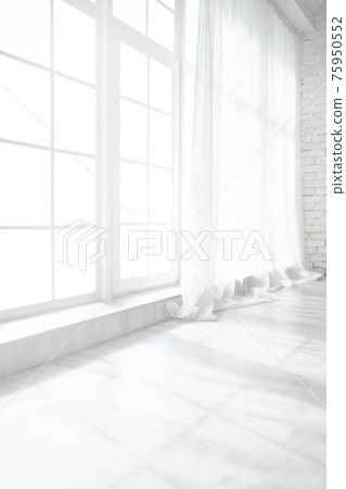 Backlit window with white curtains in empty room 75950552