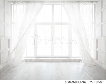 Backlit window with white curtains in empty room Backlit window with white curtains in empty room 75950589