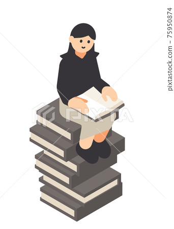 一個女人坐在一堆書上看書 75950874