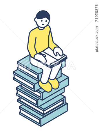 一個人坐在一堆書上看書 一個人坐在一堆書上看書 75950878