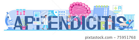 Appendicitis concept header vector for medical websites, blogs. Intestine doctors examine, treat dysbiosis. Tiny therapist of proctology make colonoscopy. 75951768