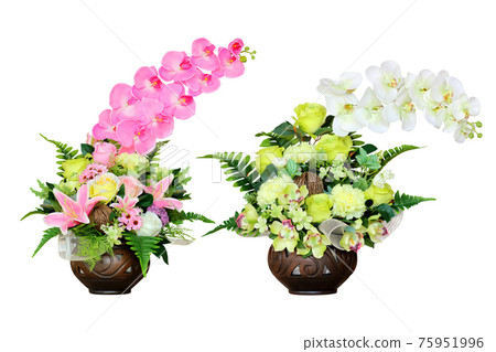 artificial orchid flower in vase on white artificial orchid flower in vase on white 75951996