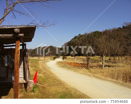 Satoyama landscape with work shed and farm road in late winter Satoyama landscape with work shed and farm road in late winter 75954680