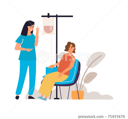 Blood donation. Woman donates blood plasma. Charity event. Volunteers help doctors save patients lives. Medical scene of nurse taking test from patient in hospital, vector health care Blood donation. Woman donates blood plasma. Charity event. Volunteers help doctors save patients lives. Medical scene of nurse taking test from patient in hospital, vector health care 75955670