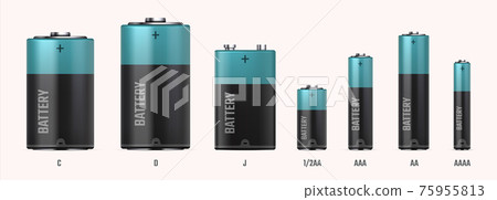 Battery types. Realistic electric alkaline cells. 3D different size or capacity accumulators in row. Black cylinders with blue stripe. Tools for charging electrical devices, vector set 75955813