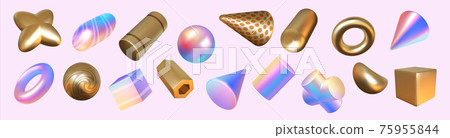 Render shapes. Abstract geometric holographic or golden minimal elements. 3D rainbow and metallic figures set. Glossy cubes, cylinders and spheres. Vector forms with color gradient 75955844