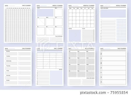 Organizer. Planner blank pages, business diary and daily to do list. Paper sheets for writing goals for week and month. Reminders template with copy space. Vector set for scheduling Organizer. Planner blank pages, business diary and daily to do list. Paper sheets for writing goals for week and month. Reminders template with copy space. Vector set for scheduling 75955854