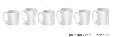 Realistic cups. 3D white mugs. Types set of blank ceramic teacups. Isolated tableware for drinking coffee or tea. Row of empty dishes. Vector porcelain crockery for corporate identity Realistic cups. 3D white mugs. Types set of blank ceramic teacups. Isolated tableware for drinking coffee or tea. Row of empty dishes. Vector porcelain crockery for corporate identity 75955860