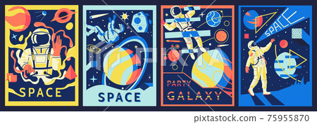 Futuristic astronaut posters. Cosmonaut in outer space. Abstract banners set with psychedelic shapes and universe explorers. Colorful spacecraft and planets. Vector cosmic adventure 75955870