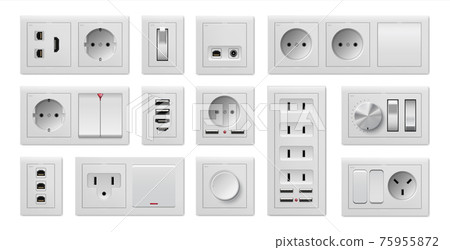 Socket and switch. Realistic electric power supply, on and off buttons or USB ports. 3D connectors for different plugs types. Vector square wall furniture set for connecting to circuit Socket and switch. Realistic electric power supply, on and off buttons or USB ports. 3D connectors for different plugs types. Vector square wall furniture set for connecting to circuit 75955872