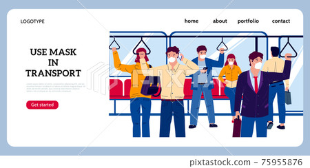 Public transport landing page. Crowd in subway or bus wearing protective masks. Website interface. Covid disease precaution. Prevention of infectious illnesses. Vector people travel by train 75955876