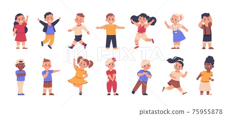 Cartoon children. Cute multicultural boys and girls with happy emotions. Kids with greeting gestures. Cheerful characters wave hands and walk or run. Vector young people activities set 75955878