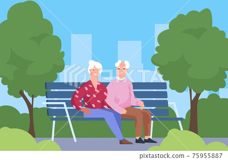 Seniors couple in park. Elderly people sitting on bench. Old man and woman walking in city recreational area. Gray-haired characters spend time together outdoor. Vector leisure pastime Seniors couple in park. Elderly people sitting on bench. Old man and woman walking in city recreational area. Gray-haired characters spend time together outdoor. Vector leisure pastime 75955887