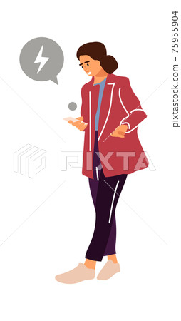 Woman with gadget. Cartoon female holding smartphone. Young character walking. Upset girl using mobile and sending message. Depleted phone battery. Vector device with lightning bolt sign Woman with gadget. Cartoon female holding smartphone. Young character walking. Upset girl using mobile and sending message. Depleted phone battery. Vector device with lightning bolt sign 75955904