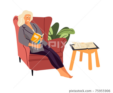 Reading woman. Cartoon female sitting in armchair and holding book. Smiling character resting at home. Clever girl studying textbook. Hobby and leisure pastime, vector illustration Reading woman. Cartoon female sitting in armchair and holding book. Smiling character resting at home. Clever girl studying textbook. Hobby and leisure pastime, vector illustration 75955906