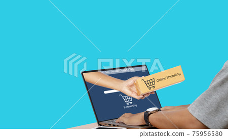 Online Shopping Website on Laptop isolated on blue background. clipping path. Online Shopping Website on Laptop isolated on blue background. clipping path. 75956580