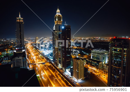 Dubai. UAE. Night view of Sheikh Zayed road from skyscraper 75956901