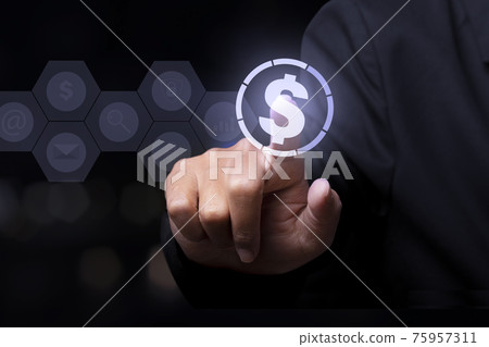 Businessman touching money currency icon with finger. 75957311