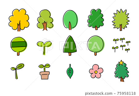 Cute handwritten icon set of trees and plants. Illustrations of various trees such as large green trees and autumnal ginkgo trees. Cute handwritten icon set of trees and plants. Illustrations of various trees such as large green trees and autumnal ginkgo trees. 75958118