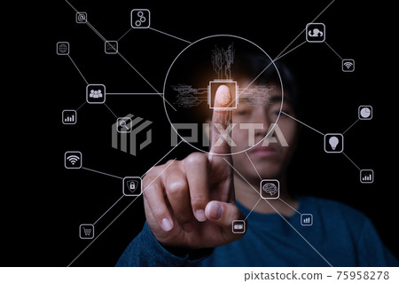 Businessman with technology fingerprint scan provides security. 75958278